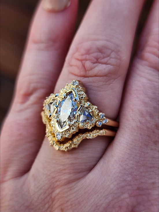  .78ct Marquise Lab Diamond Delilah Engagement Ring Set with Rose Cut Diamond Trillions - 14k Yellow Gold image 11