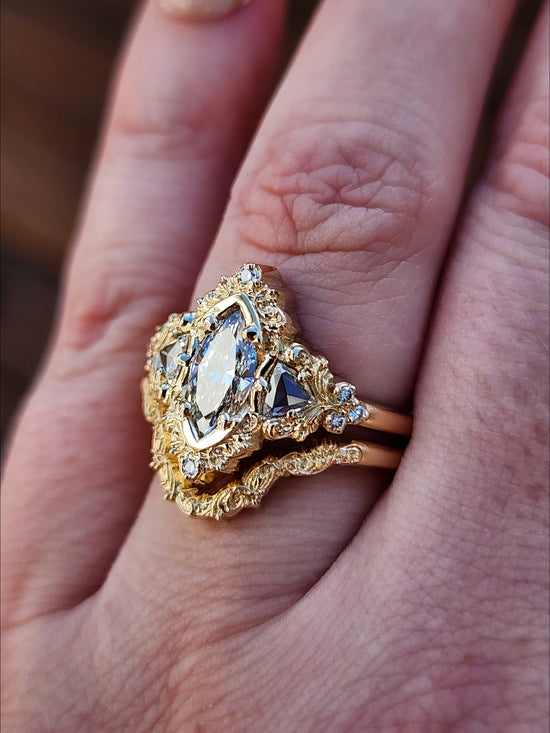  .78ct Marquise Lab Diamond Delilah Engagement Ring Set with Rose Cut Diamond Trillions - 14k Yellow Gold image 12