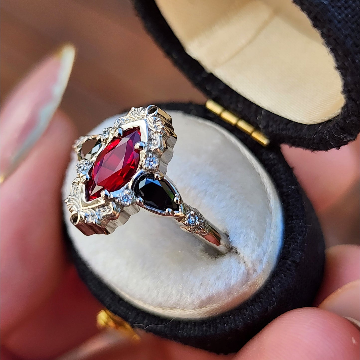 Ruby Marquise Odette Engagement Ring Set with Black Diamond Pears - 14k Palladium White Gold image 3