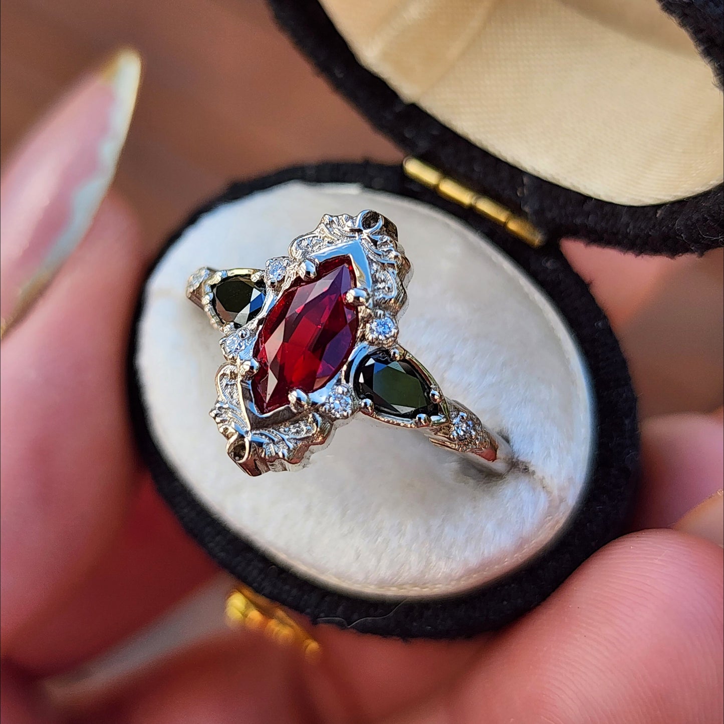  Ruby Marquise Odette Engagement Ring Set with Black Diamond Pears - 14k Palladium White Gold image 4