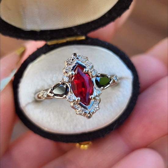  Ruby Marquise Odette Engagement Ring Set with Black Diamond Pears - 14k Palladium White Gold image 2