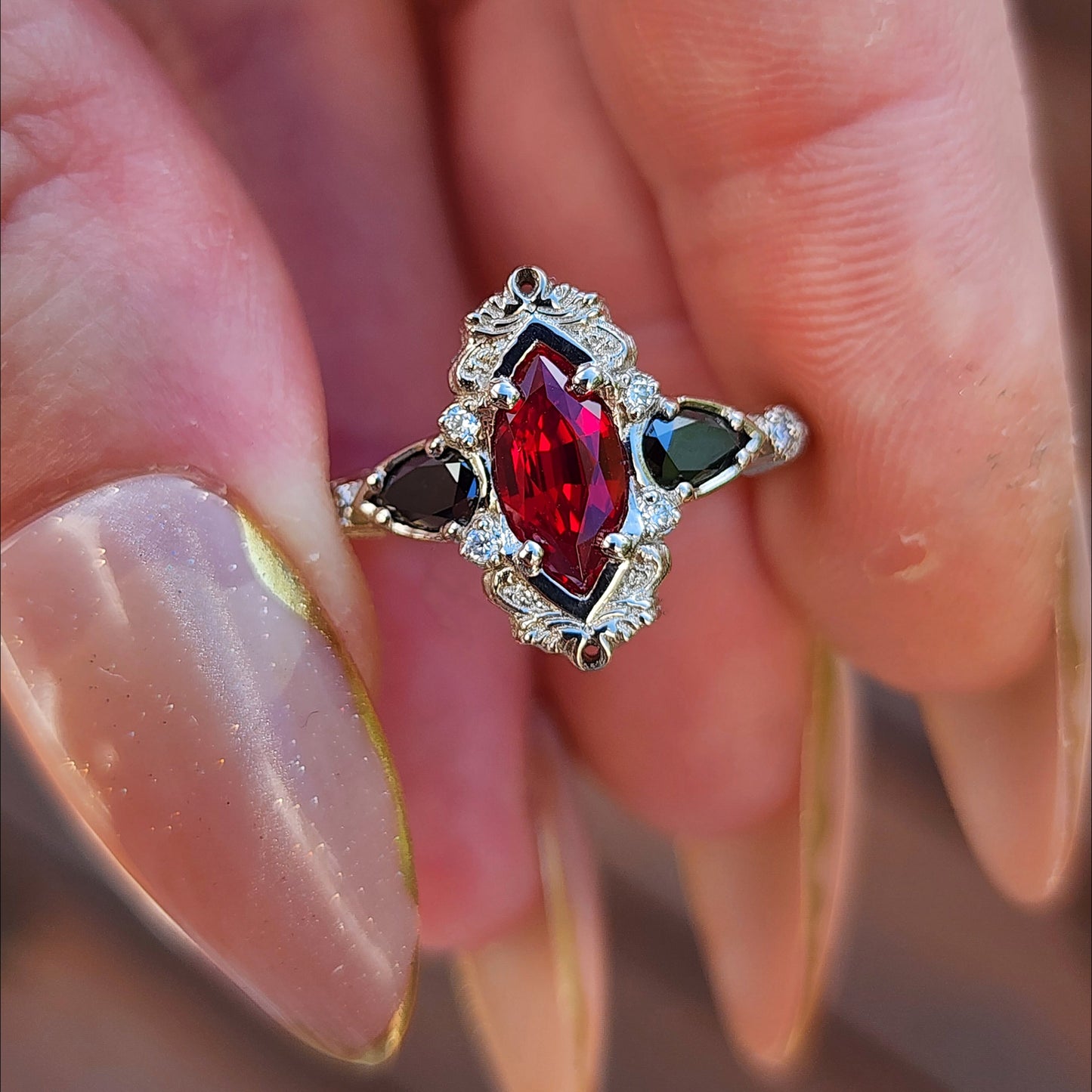  Ruby Marquise Odette Engagement Ring Set with Black Diamond Pears - 14k Palladium White Gold image 1