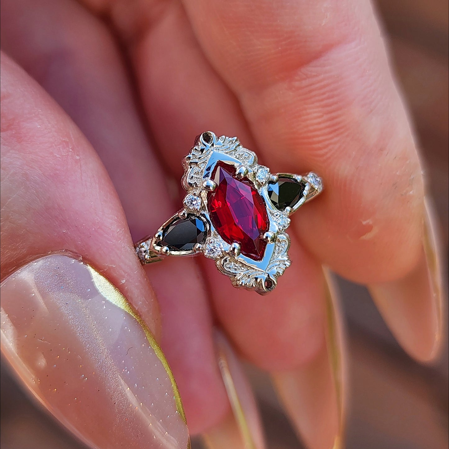  Ruby Marquise Odette Engagement Ring Set with Black Diamond Pears - 14k Palladium White Gold image 6