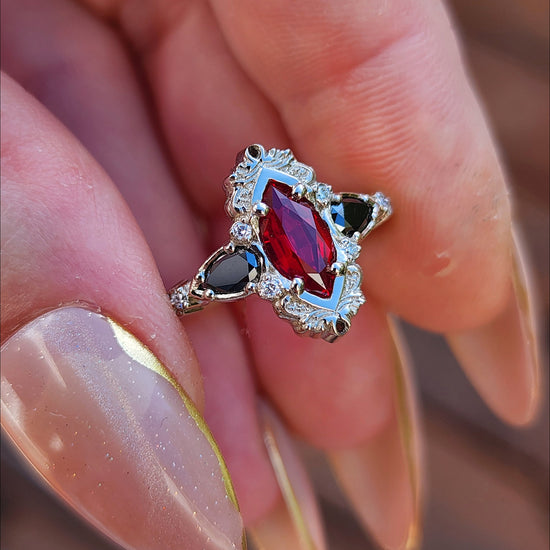  Ruby Marquise Odette Engagement Ring Set with Black Diamond Pears - 14k Palladium White Gold image 7