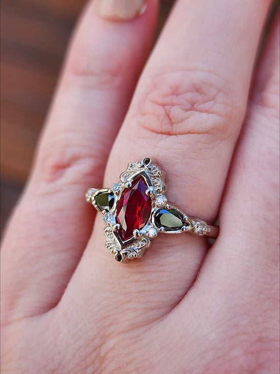  Ruby Marquise Odette Engagement Ring Set with Black Diamond Pears - 14k Palladium White Gold image 9