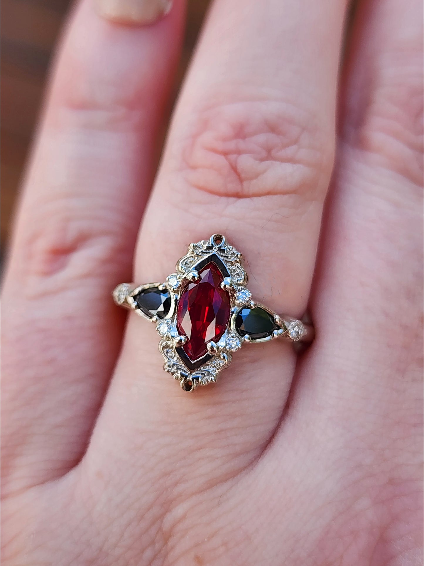  Ruby Marquise Odette Engagement Ring Set with Black Diamond Pears - 14k Palladium White Gold image 8