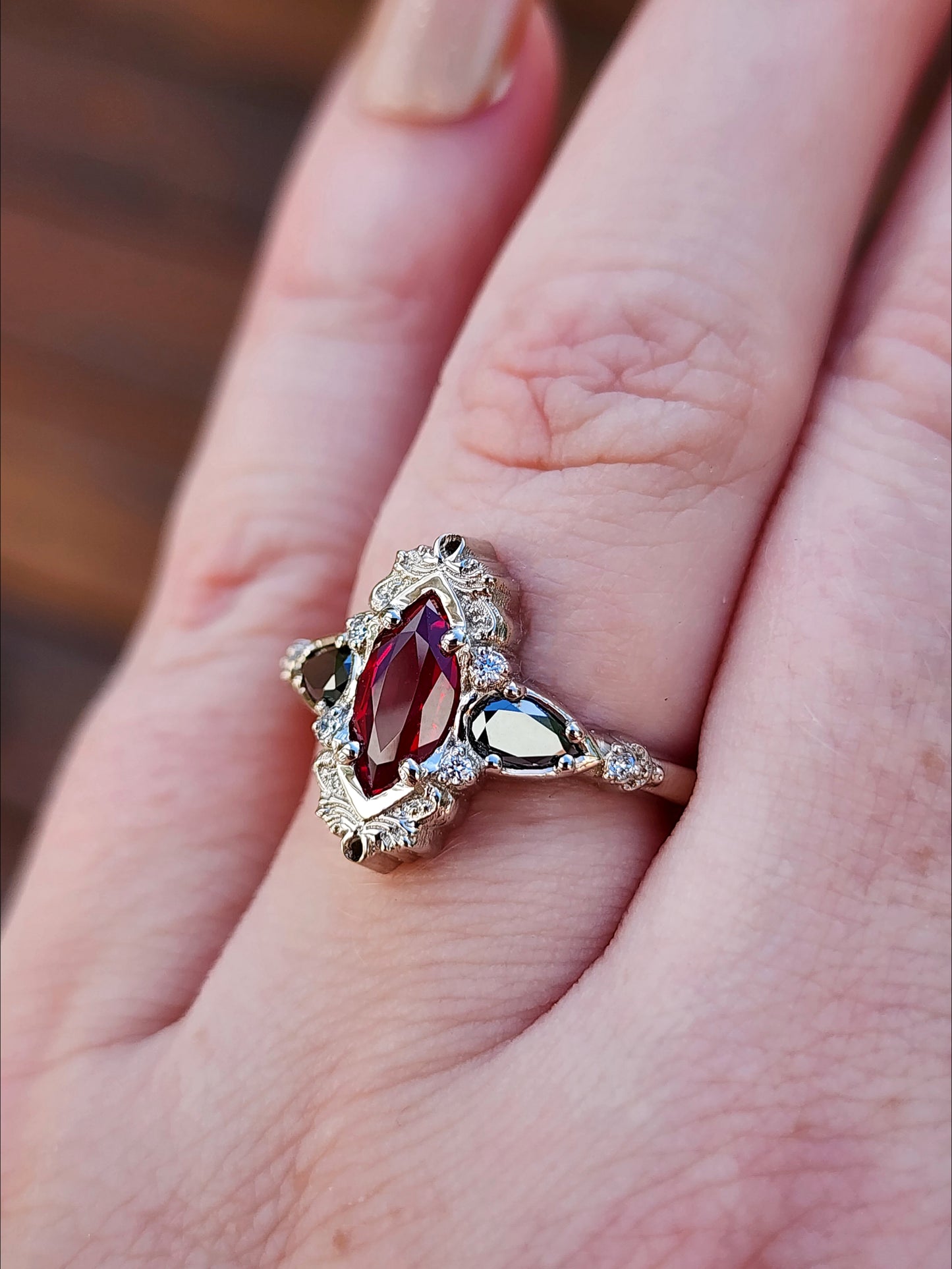  Ruby Marquise Odette Engagement Ring Set with Black Diamond Pears - 14k Palladium White Gold image 10