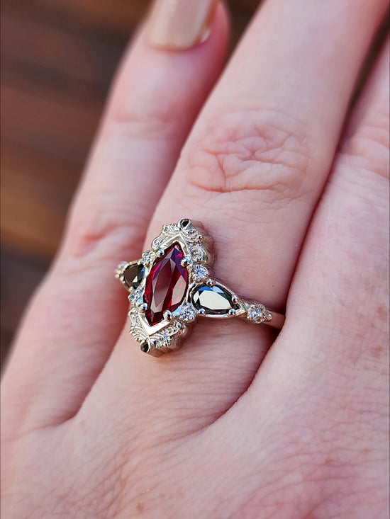  Ruby Marquise Odette Engagement Ring Set with Black Diamond Pears - 14k Palladium White Gold image 10