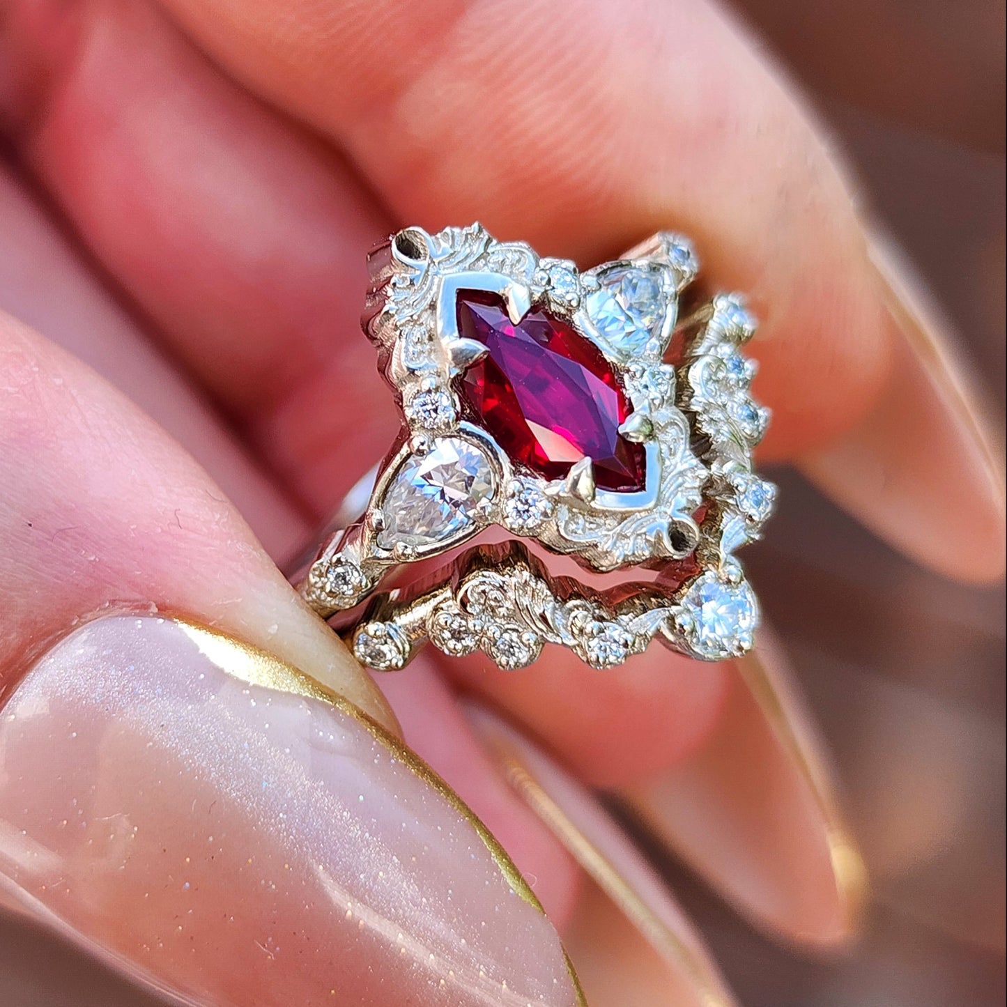 Chatham Ruby Odette Marquise Engagement Ring Set image 3
