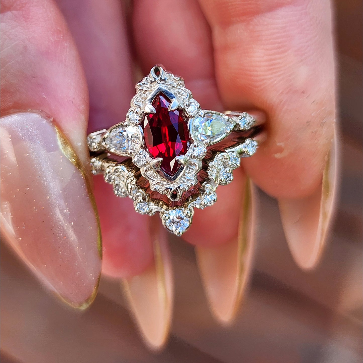 Chatham Ruby Odette Marquise Engagement Ring Set image 1