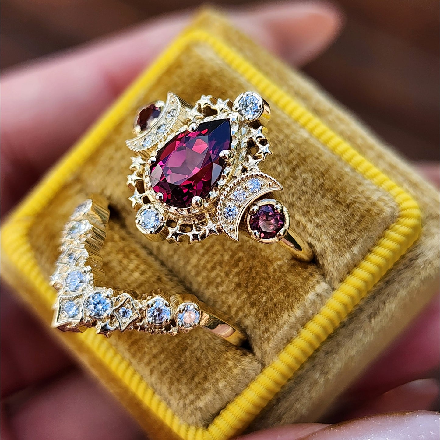 Pear Rhodolite Garnet Cosmos Engagement Ring Set with Diamond Stardust Chevron image 6