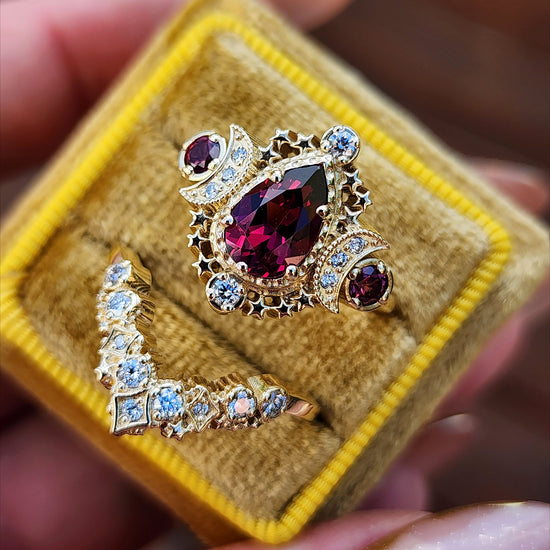 Pear Rhodolite Garnet Cosmos Engagement Ring Set with Diamond Stardust Chevron image 5