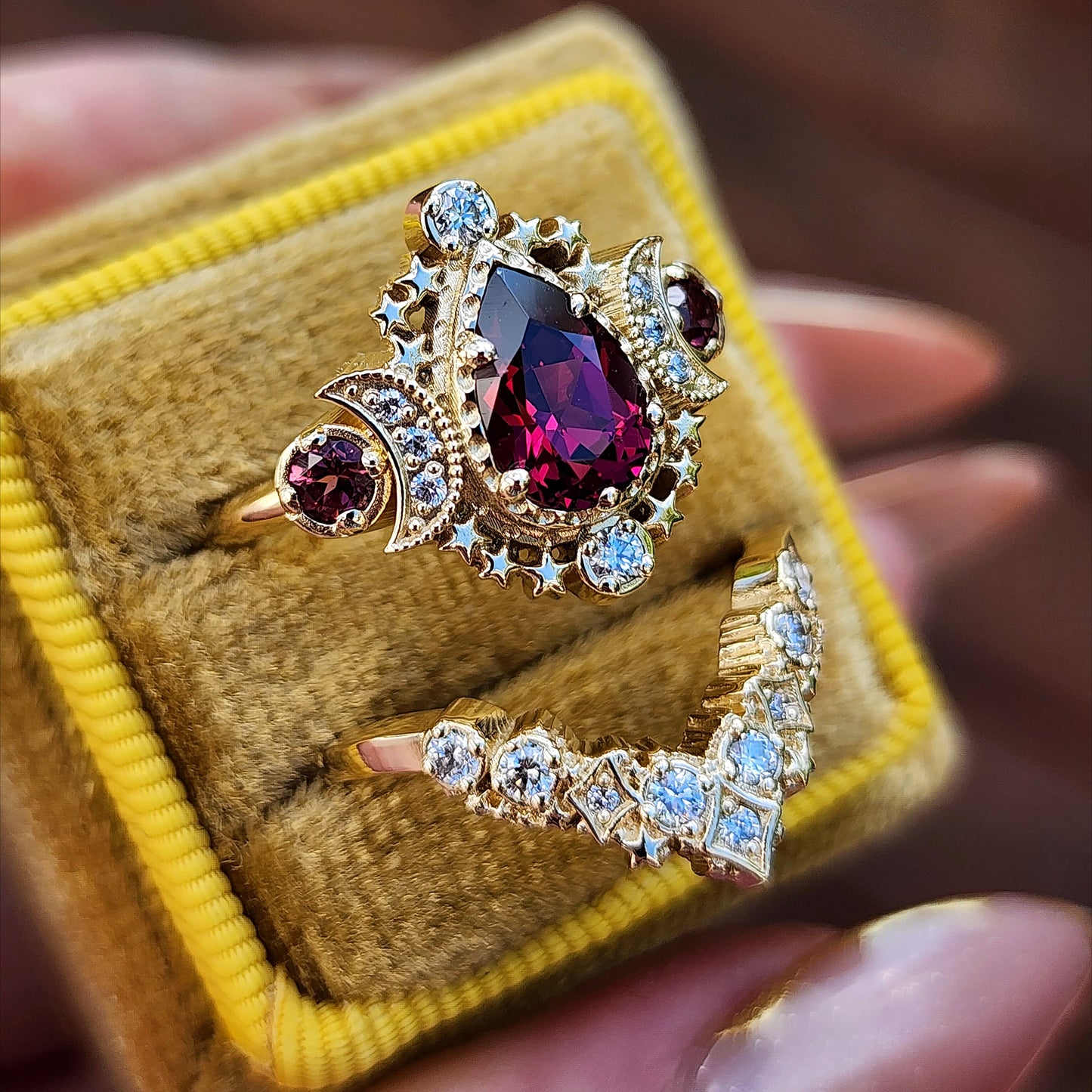 Pear Rhodolite Garnet Cosmos Engagement Ring Set with Diamond Stardust Chevron image 4