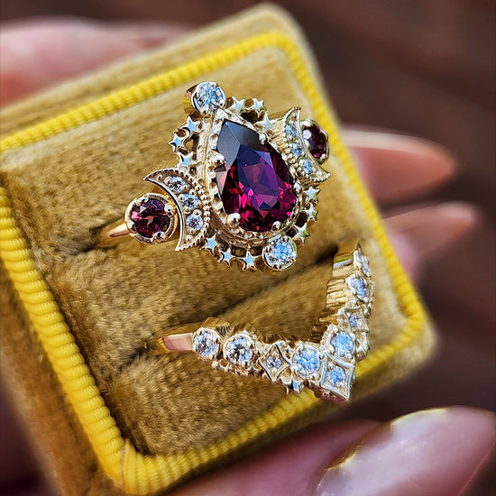 Pear Rhodolite Garnet Cosmos Engagement Ring Set with Diamond Stardust Chevron image 4