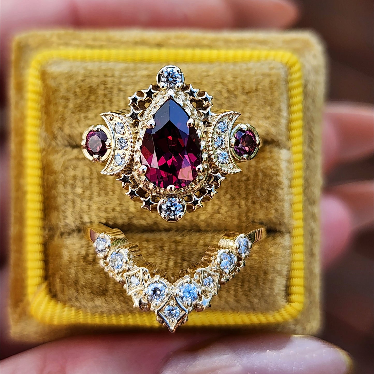 Pear Rhodolite Garnet Cosmos Engagement Ring Set with Diamond Stardust Chevron image 1