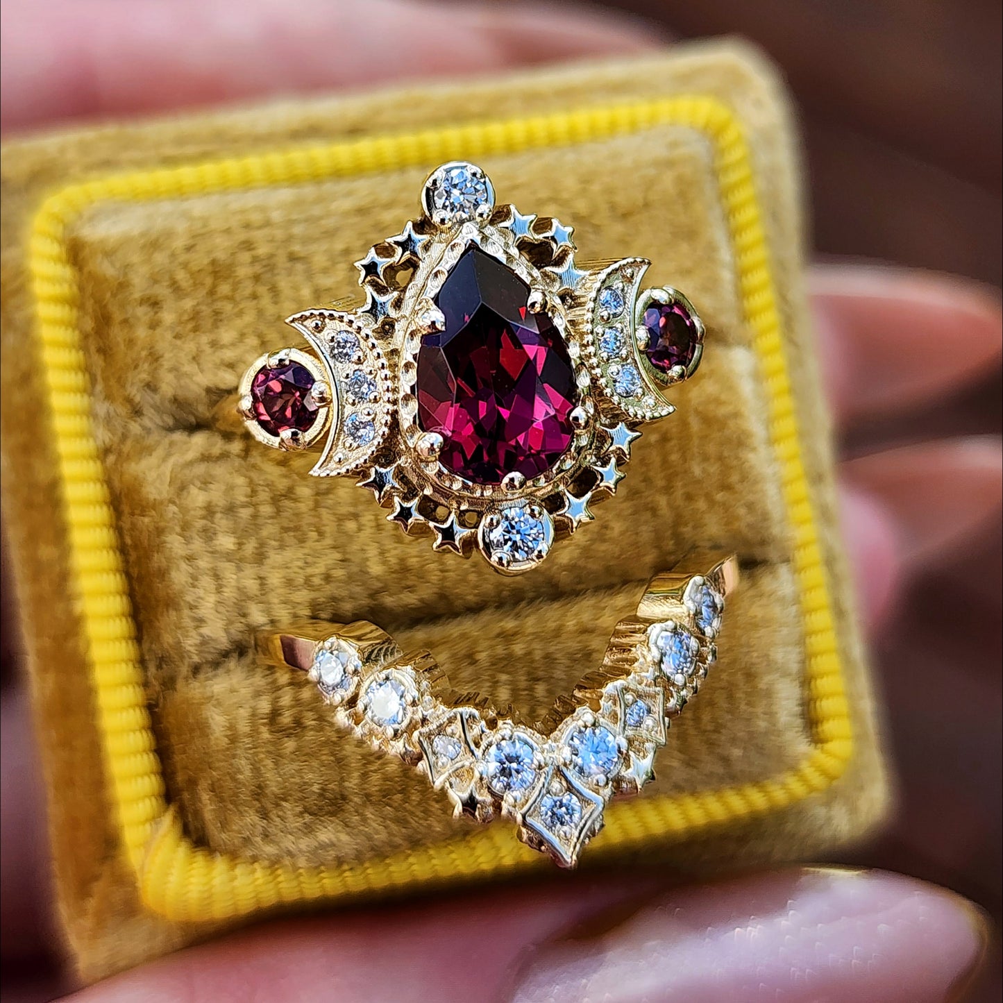 Pear Rhodolite Garnet Cosmos Engagement Ring Set with Diamond Stardust Chevron image 3