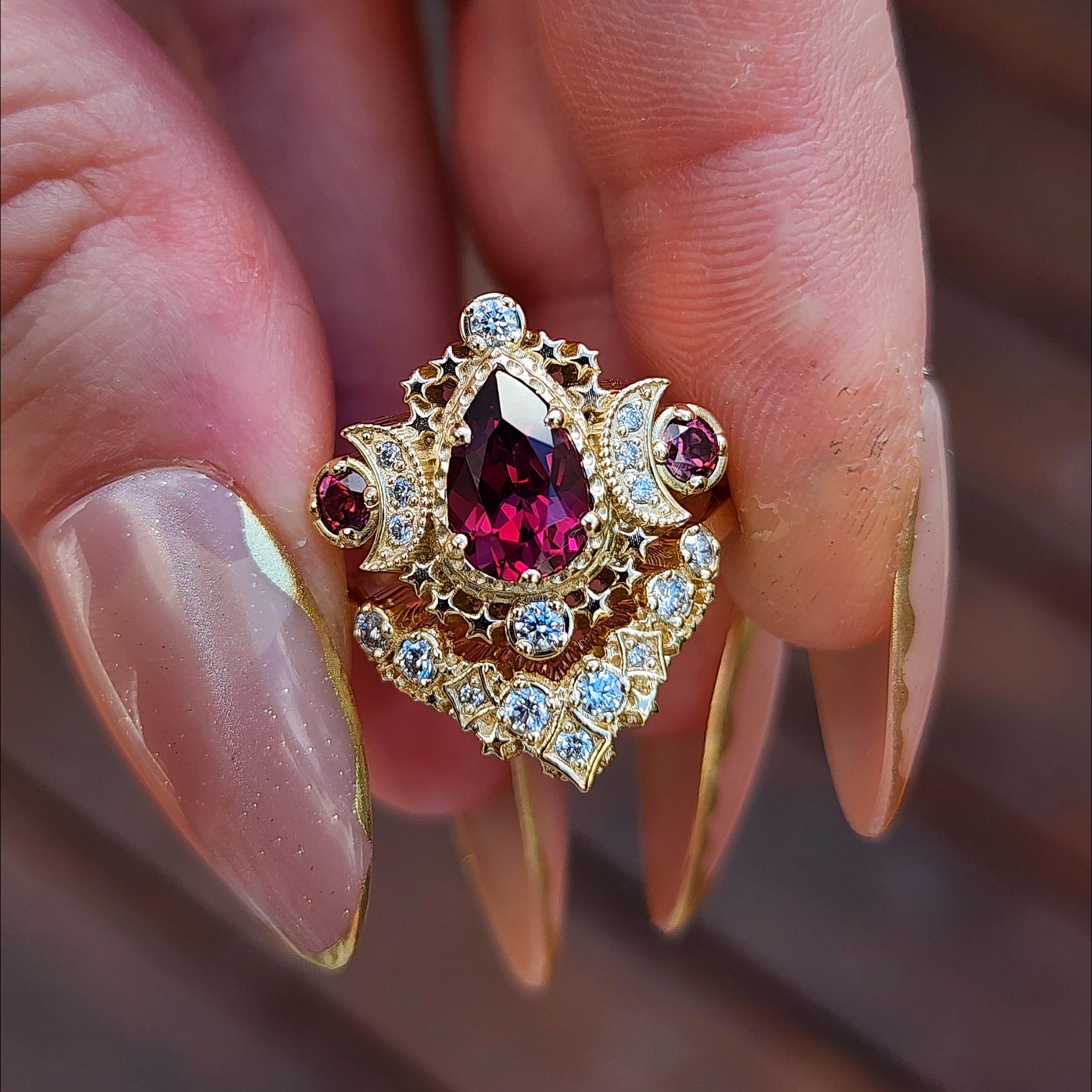 Pear Rhodolite Garnet Cosmos Engagement Ring Set with Diamond Stardust Chevron image 2