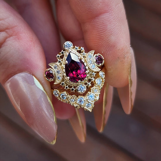 Pear Rhodolite Garnet Cosmos Engagement Ring Set with Diamond Stardust Chevron image 7