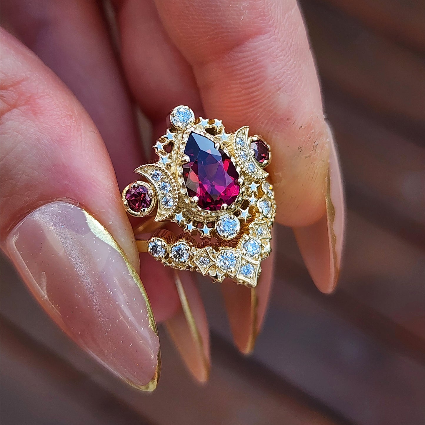 Pear Rhodolite Garnet Cosmos Engagement Ring Set with Diamond Stardust Chevron image 8