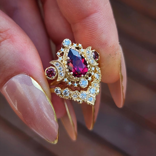 Pear Rhodolite Garnet Cosmos Engagement Ring Set with Diamond Stardust Chevron image 8