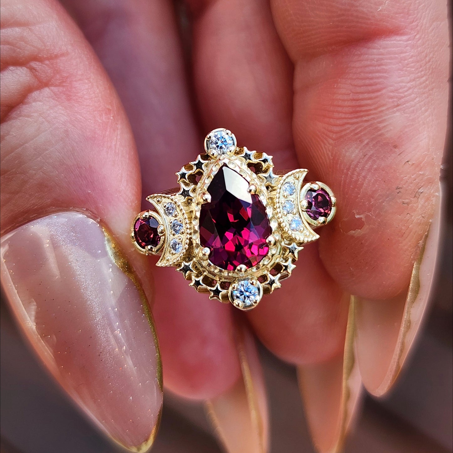Pear Rhodolite Garnet Cosmos Engagement Ring Set with Diamond Stardust Chevron image 9
