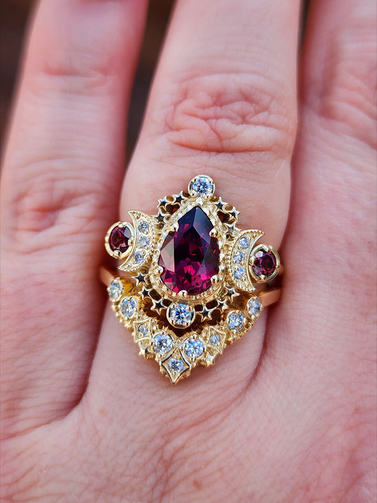Pear Rhodolite Garnet Cosmos Engagement Ring Set with Diamond Stardust Chevron image 11