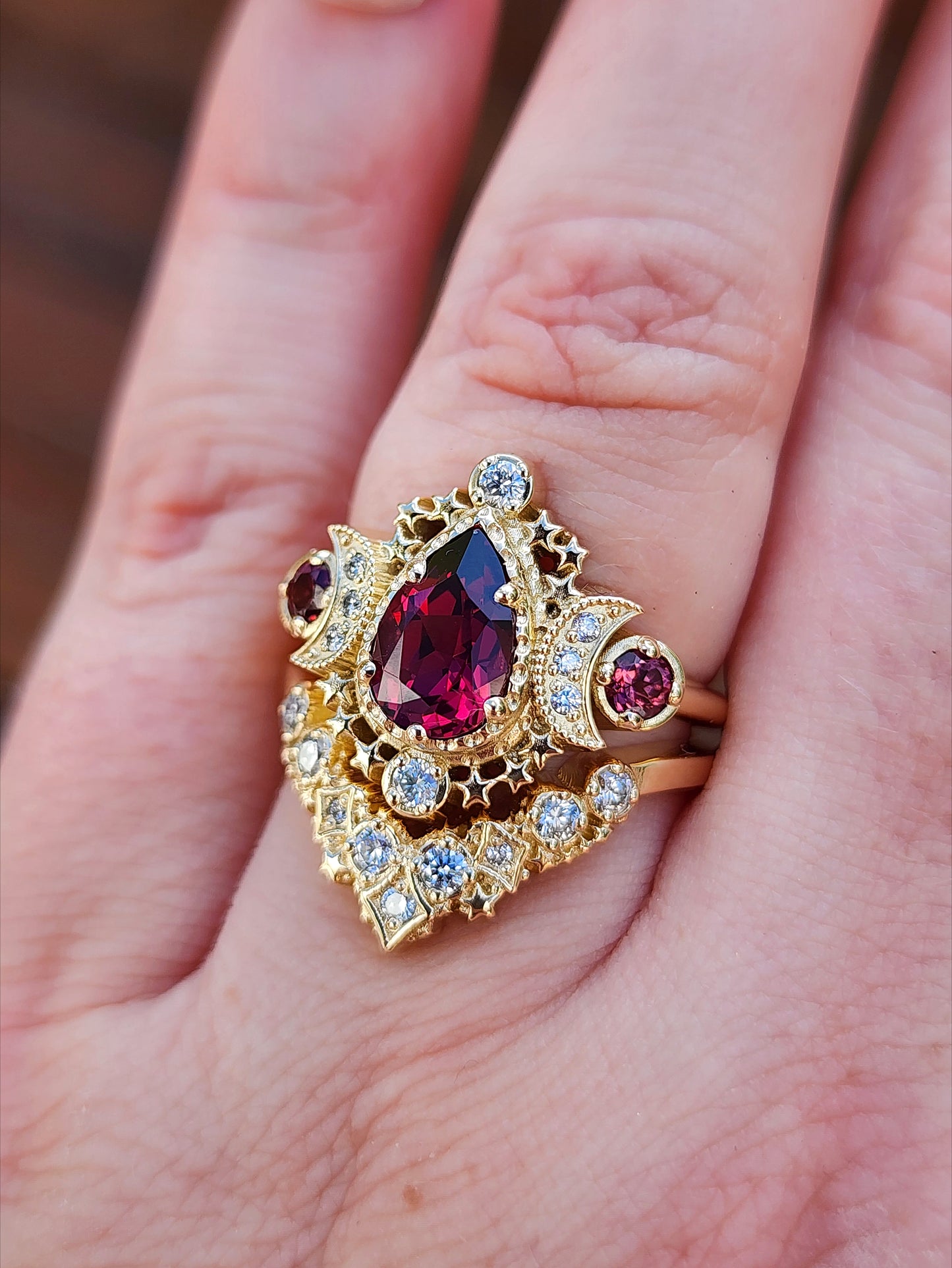 Pear Rhodolite Garnet Cosmos Engagement Ring Set with Diamond Stardust Chevron image 12