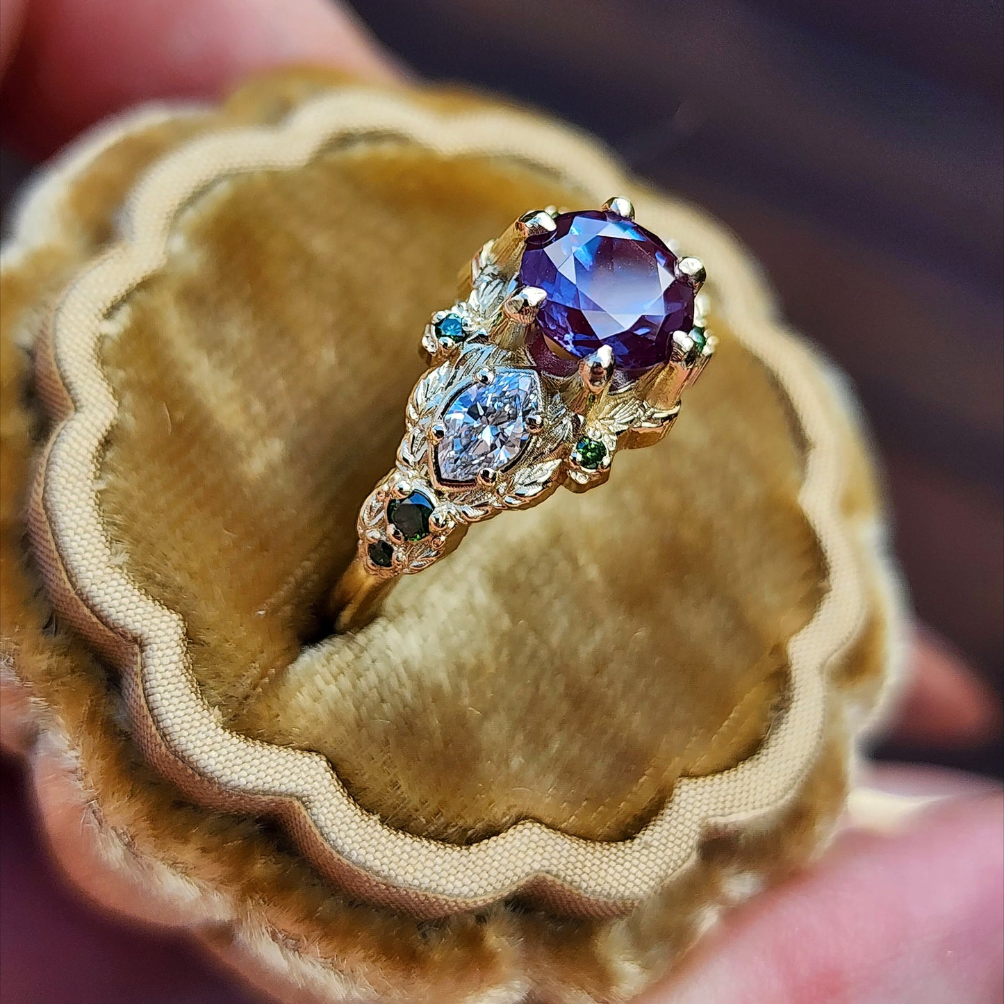 Nightshade Setting with alexandrite lab diamond marquise and forest green diamonds fantasy fairytale ring image 5