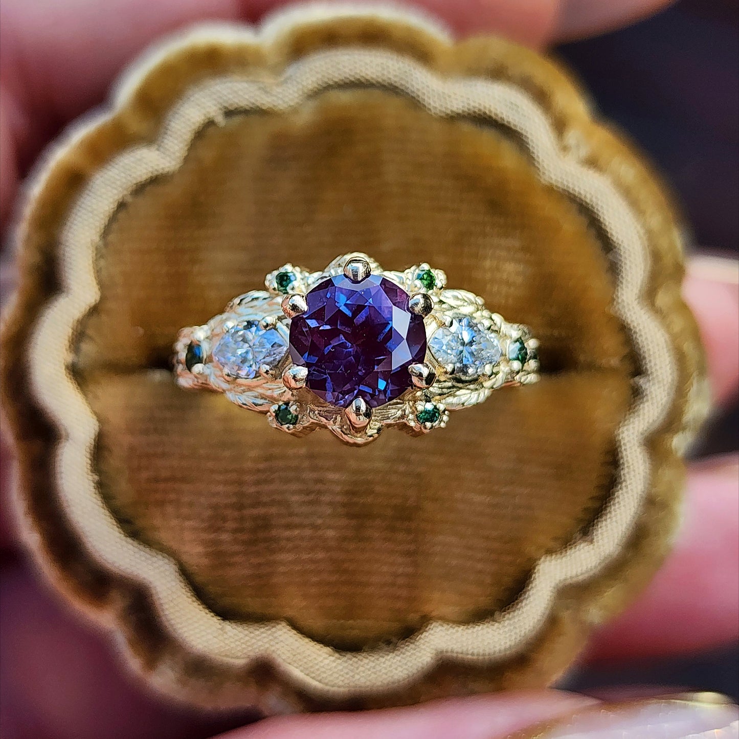 Nightshade Setting with alexandrite lab diamond marquise and forest green diamonds fantasy fairytale ring image 1