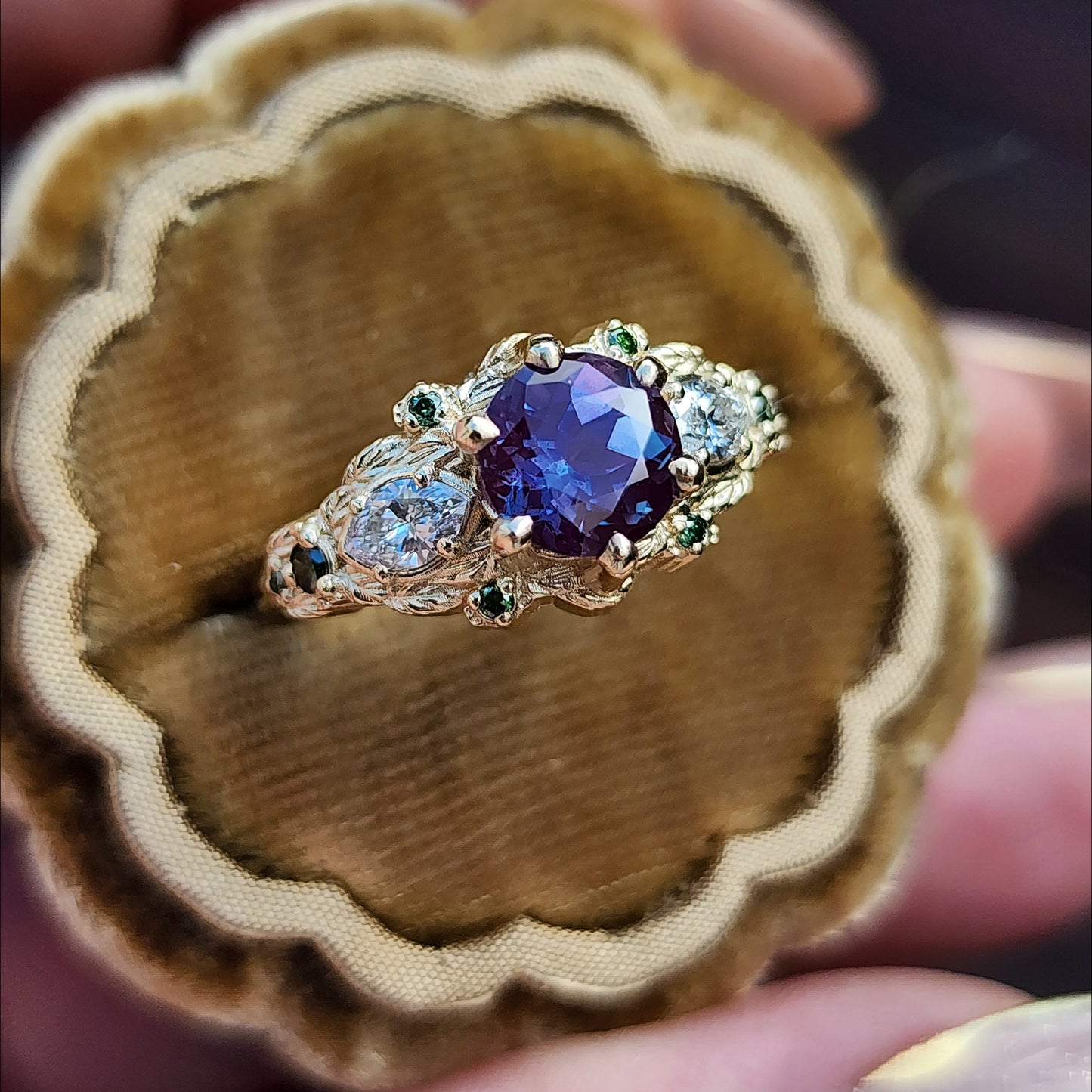 Nightshade Setting with alexandrite lab diamond marquise and forest green diamonds fantasy fairytale ring image 4