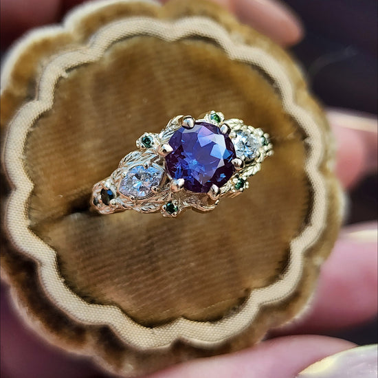 Nightshade Setting with alexandrite lab diamond marquise and forest green diamonds fantasy fairytale ring image 4