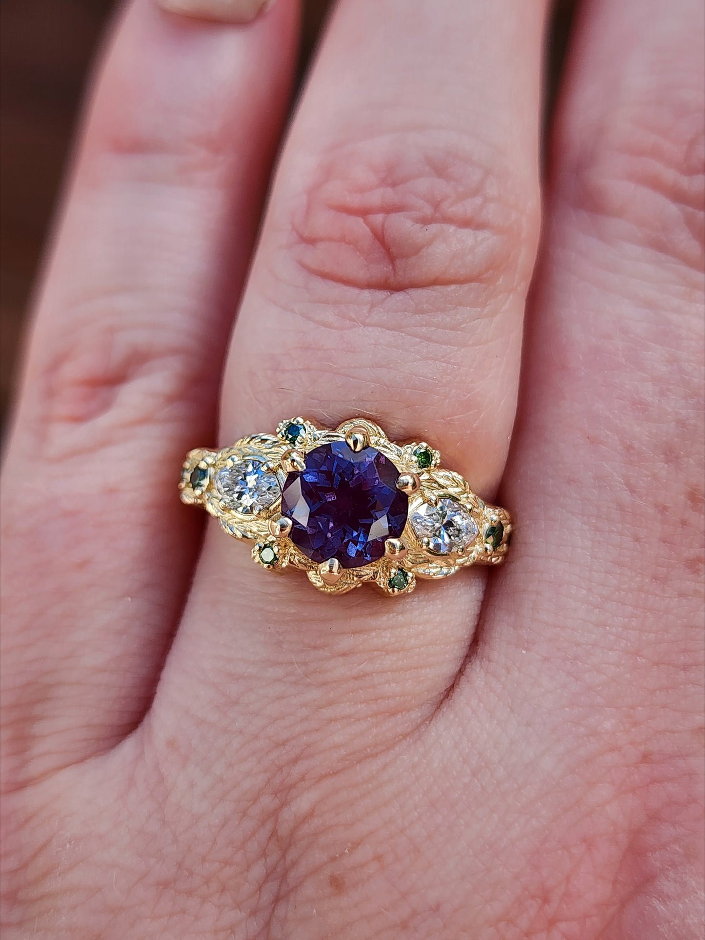 Nightshade Setting with alexandrite lab diamond marquise and forest green diamonds fantasy fairytale ring image 8