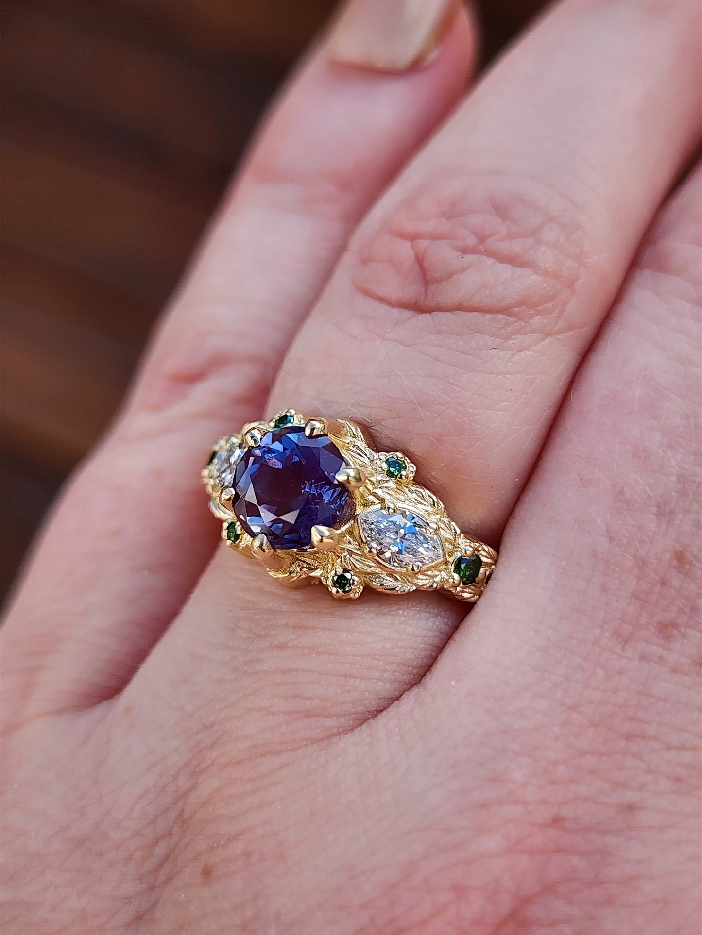 Nightshade Setting with alexandrite lab diamond marquise and forest green diamonds fantasy fairytale ring image 9