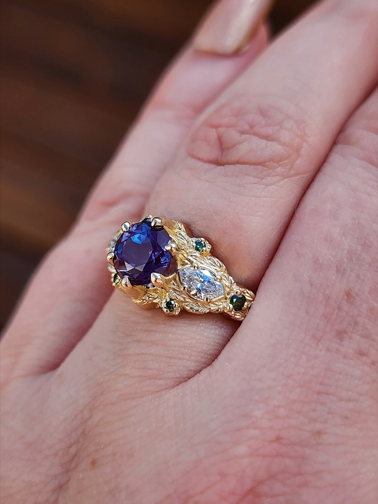 Nightshade Setting with alexandrite lab diamond marquise and forest green diamonds fantasy fairytale ring image 10