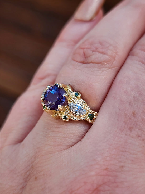 Nightshade Setting with alexandrite lab diamond marquise and forest green diamonds fantasy fairytale ring image 10