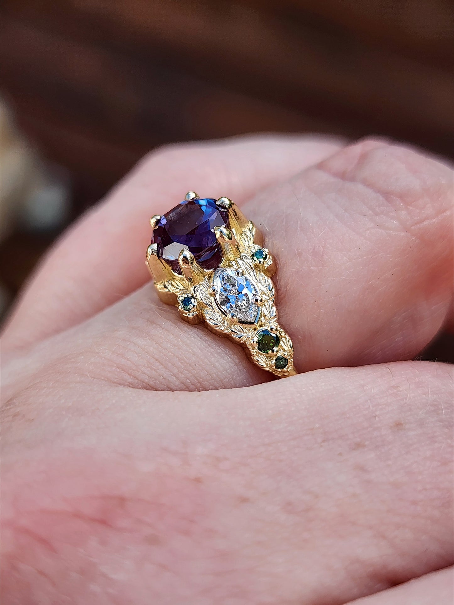 Nightshade Setting with alexandrite lab diamond marquise and forest green diamonds fantasy fairytale ring image 11