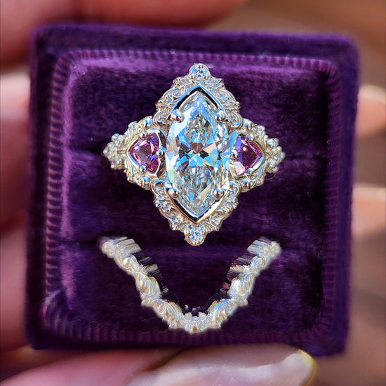 1.64ct Marquise Lab Diamond Delilah Engagement Ring Set with Pink Sapphire Trillions 14k Palladium White Gold image 6