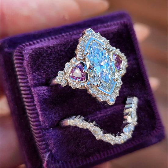 1.64ct Marquise Lab Diamond Delilah Engagement Ring Set with Pink Sapphire Trillions 14k Palladium White Gold image 3