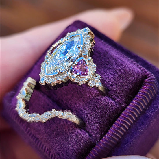 1.64ct Marquise Lab Diamond Delilah Engagement Ring Set with Pink Sapphire Trillions 14k Palladium White Gold image 5