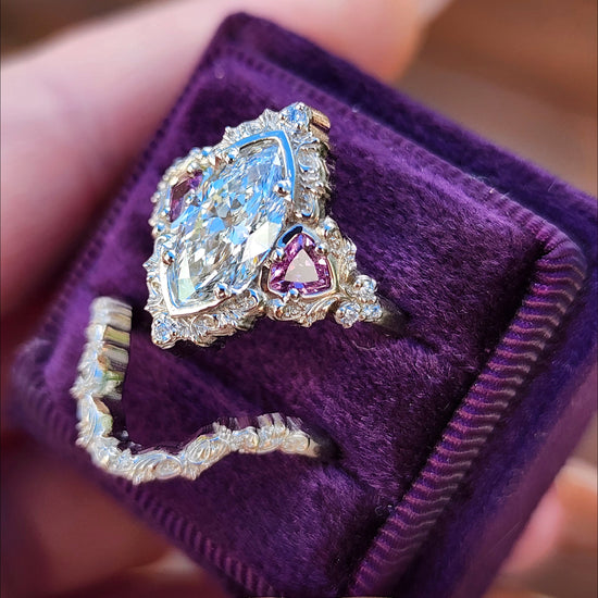 1.64ct Marquise Lab Diamond Delilah Engagement Ring Set with Pink Sapphire Trillions 14k Palladium White Gold image 4