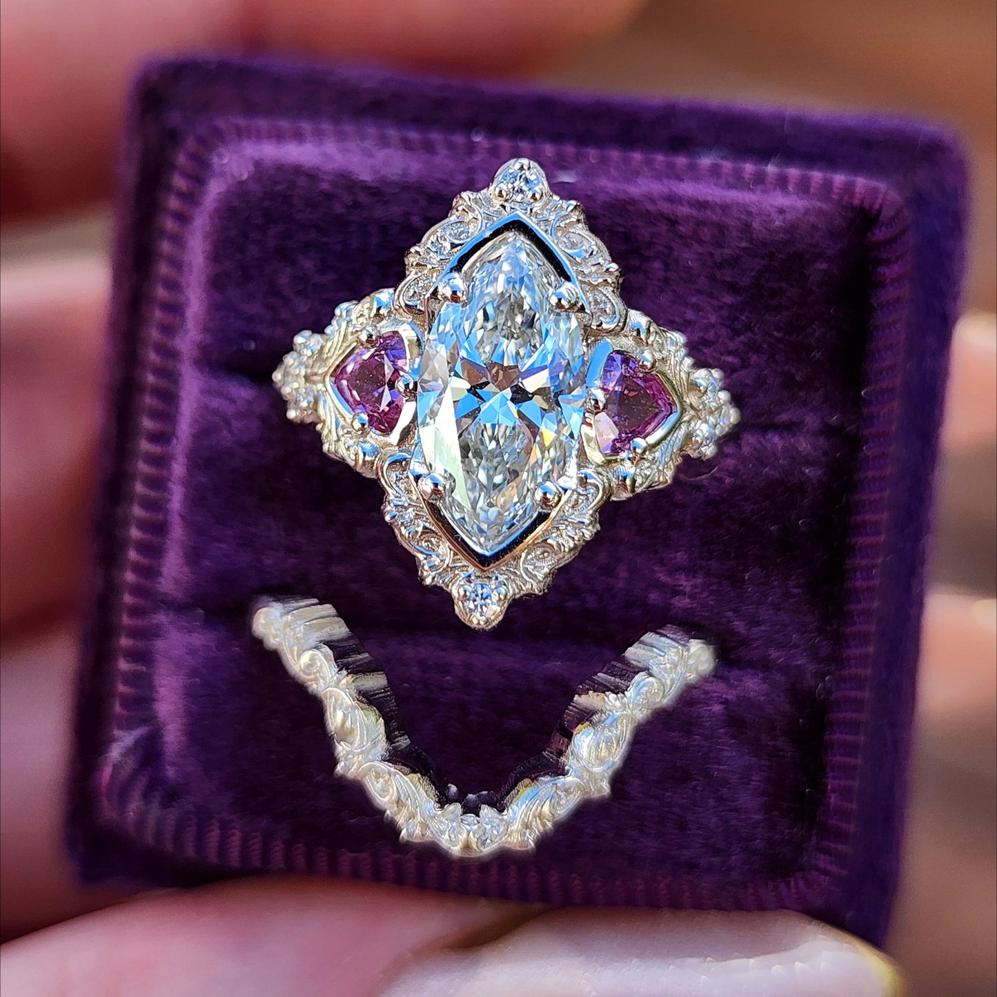 1.64ct Marquise Lab Diamond Delilah Engagement Ring Set with Pink Sapphire Trillions 14k Palladium White Gold image 2