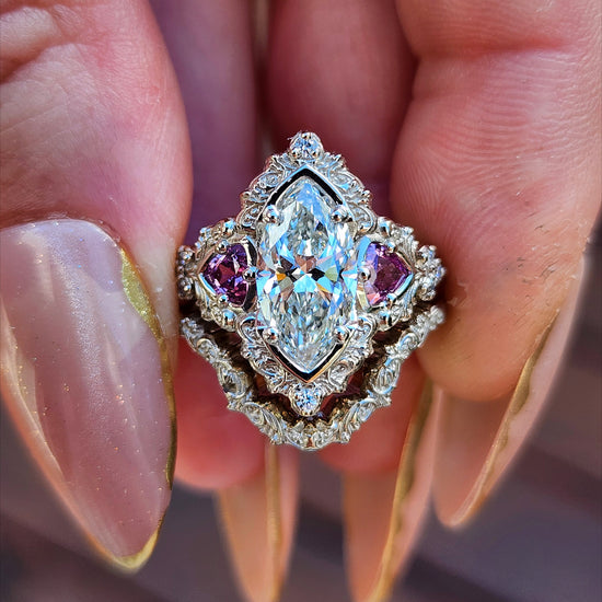 1.64ct Marquise Lab Diamond Delilah Engagement Ring Set with Pink Sapphire Trillions 14k Palladium White Gold image 1