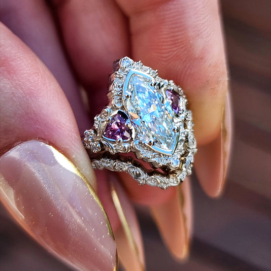 1.64ct Marquise Lab Diamond Delilah Engagement Ring Set with Pink Sapphire Trillions 14k Palladium White Gold image 8