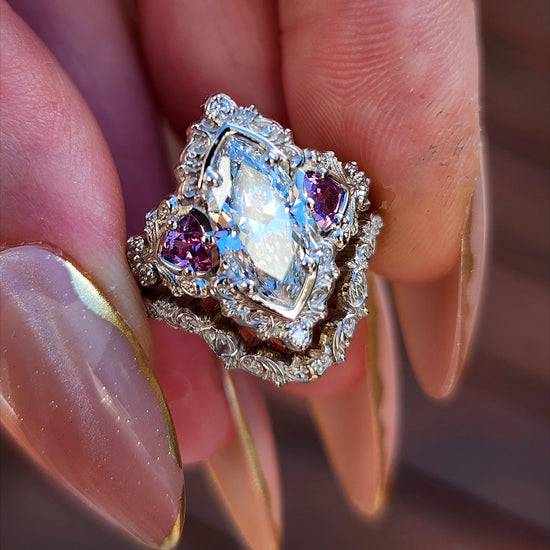 1.64ct Marquise Lab Diamond Delilah Engagement Ring Set with Pink Sapphire Trillions 14k Palladium White Gold image 7