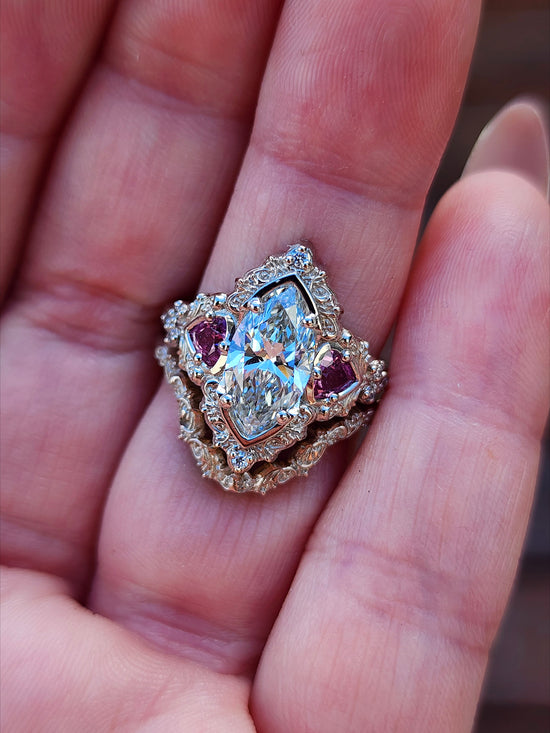 1.64ct Marquise Lab Diamond Delilah Engagement Ring Set with Pink Sapphire Trillions 14k Palladium White Gold image 9