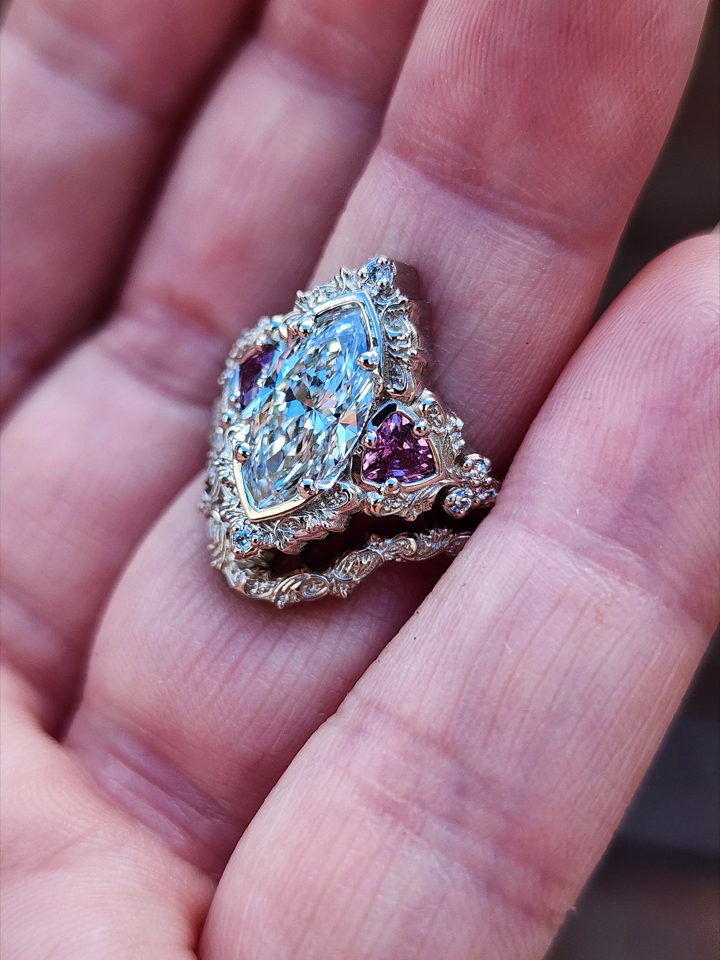 1.64ct Marquise Lab Diamond Delilah Engagement Ring Set with Pink Sapphire Trillions 14k Palladium White Gold image 10