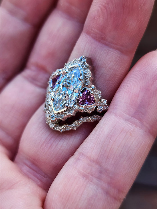 1.64ct Marquise Lab Diamond Delilah Engagement Ring Set with Pink Sapphire Trillions 14k Palladium White Gold image 10