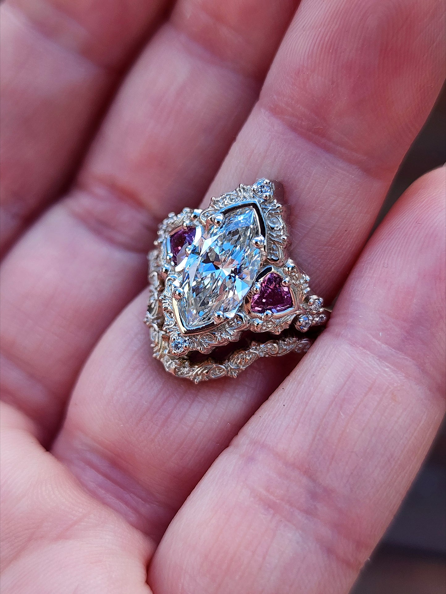 1.64ct Marquise Lab Diamond Delilah Engagement Ring Set with Pink Sapphire Trillions 14k Palladium White Gold image 11