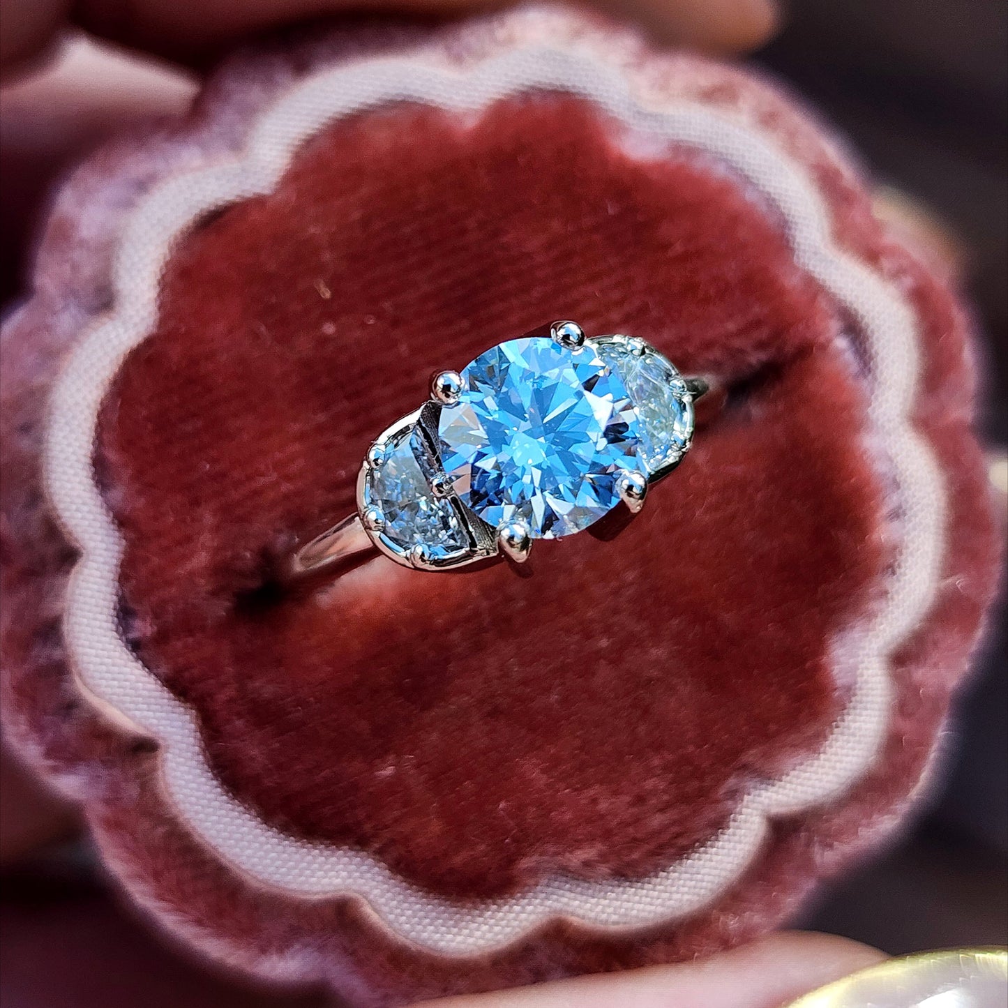 Diana 1.51ct Faint Blue Round Brilliant Diamond 3 Stone Half Moon Engagement Ring - 14k Palladium White Gold image 7