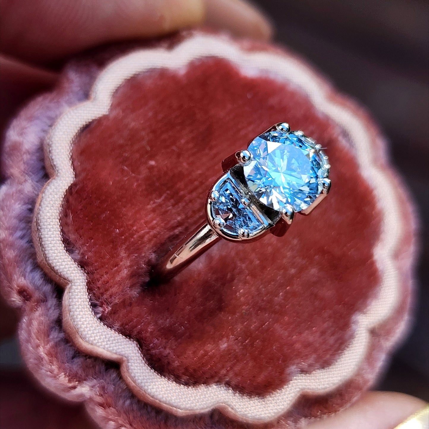 Diana 1.51ct Faint Blue Round Brilliant Diamond 3 Stone Half Moon Engagement Ring - 14k Palladium White Gold image 6